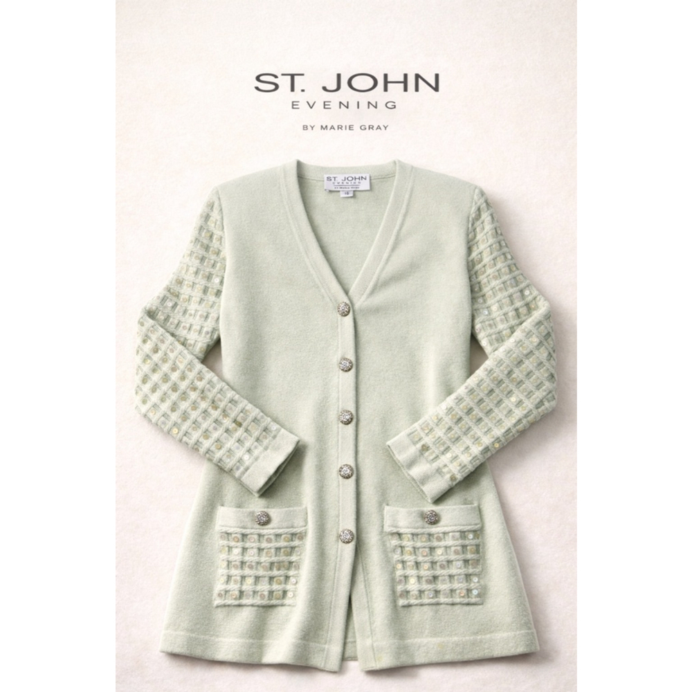 St. John Evening Mint Knit Cardigan Sz 10 Embellished Luxe Old Money